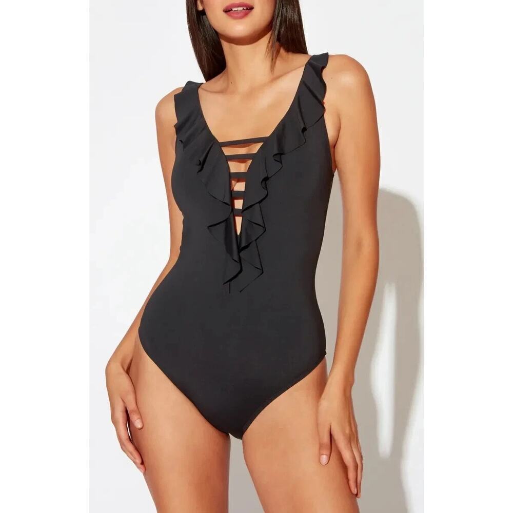 Bleu Rod Beattie Ruffle Strap V Neck One Piece Open Back Swimsuit Black - Size 4